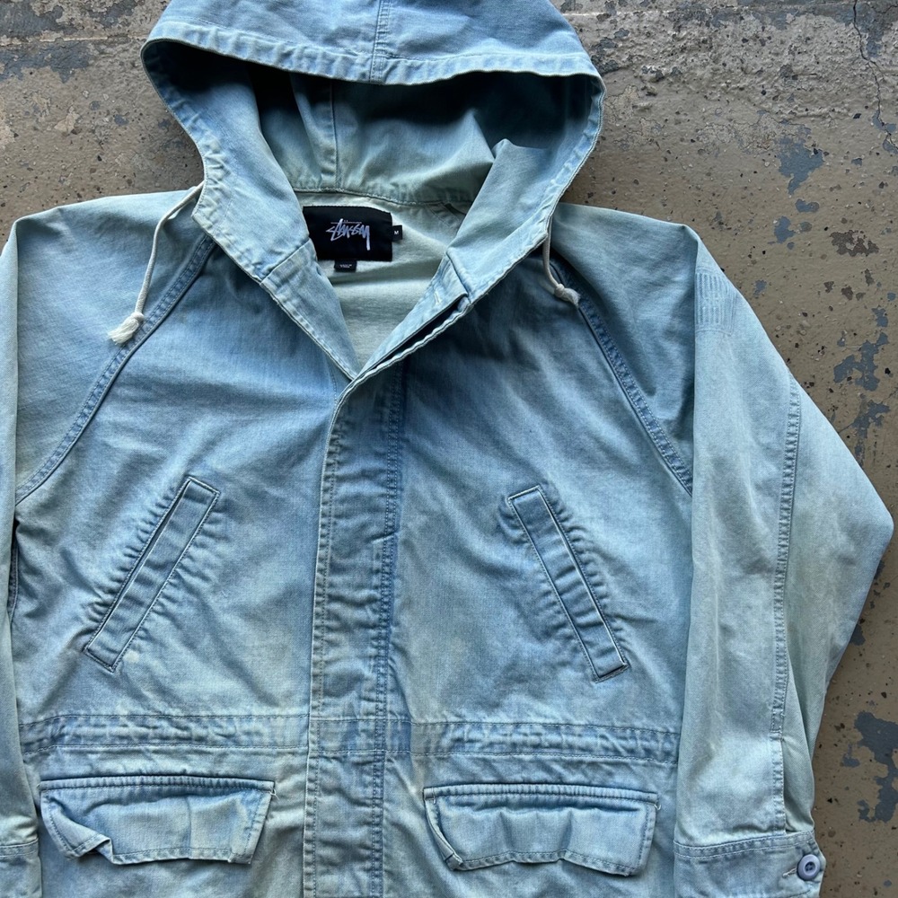 Stussy Mens Light Wash Denim Hooded Parka Jacket Blue Size M Longline Utility